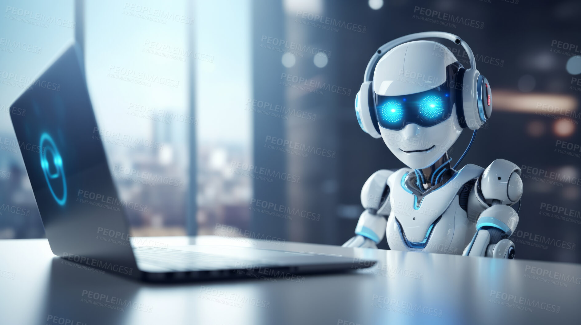 Buy stock photo Artificial intelligence robot chatbot with laptop. Robot chatting or working