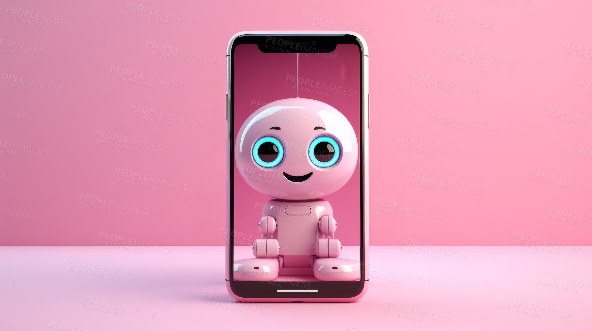 Buy stock photo Cute artificial intelligence robot chatbot with laptop. Robot chatting on a cellphone screen