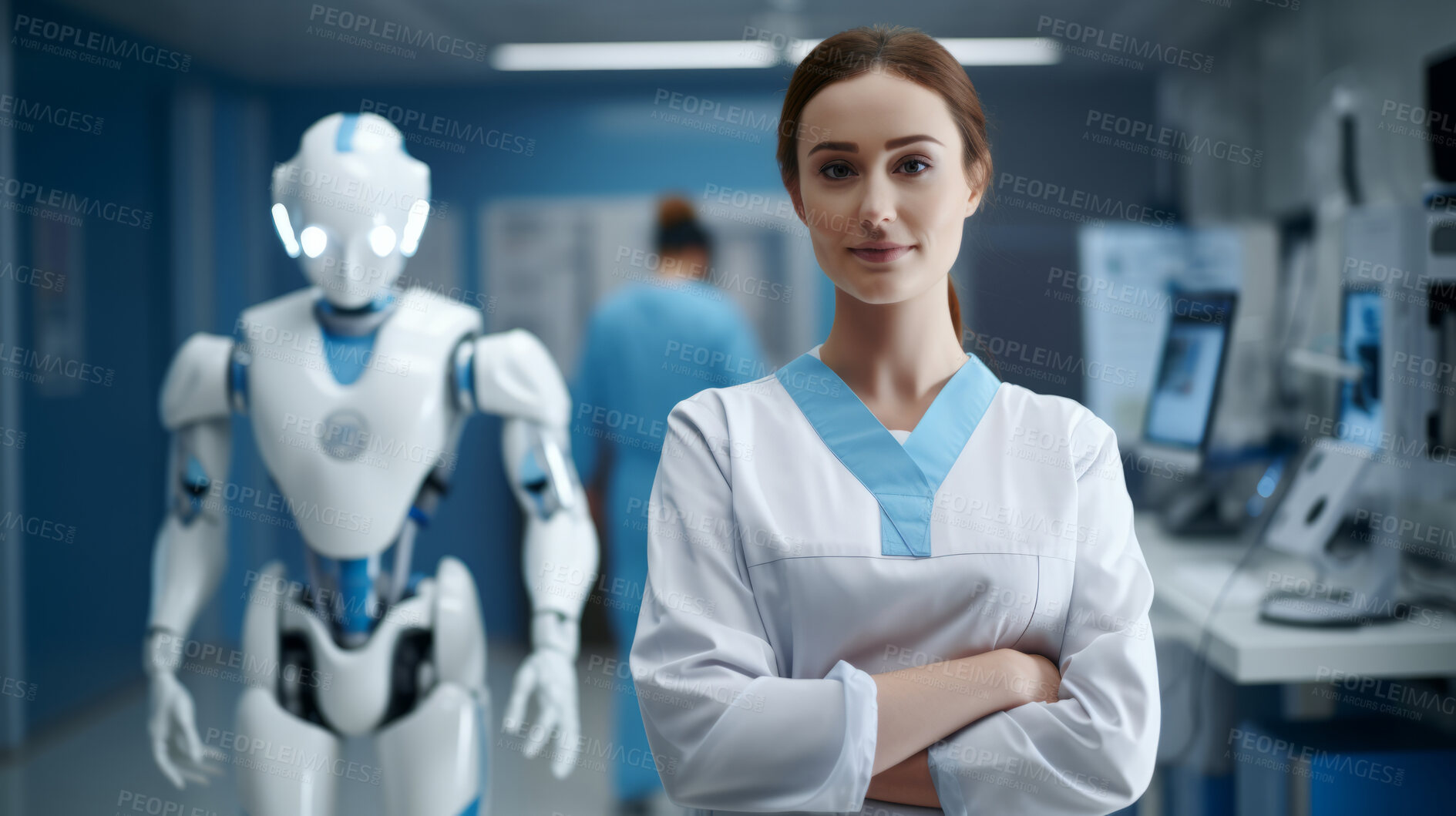 Buy stock photo Scientist or medical doctor and humanoid robot in laboratory. Future healthcare concept