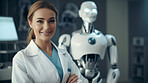 Scientist or medical doctor and humanoid robot in laboratory. Future healthcare concept