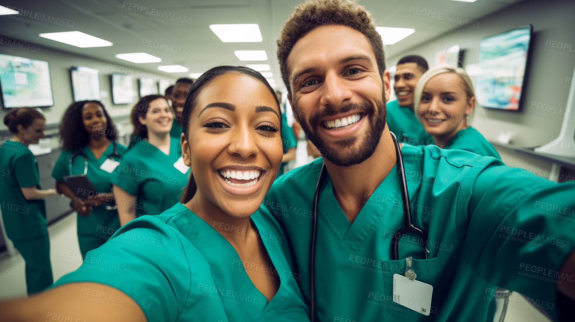 Buy stock photo Group of medical student nurses in training at college, diverse doctor colleagues.