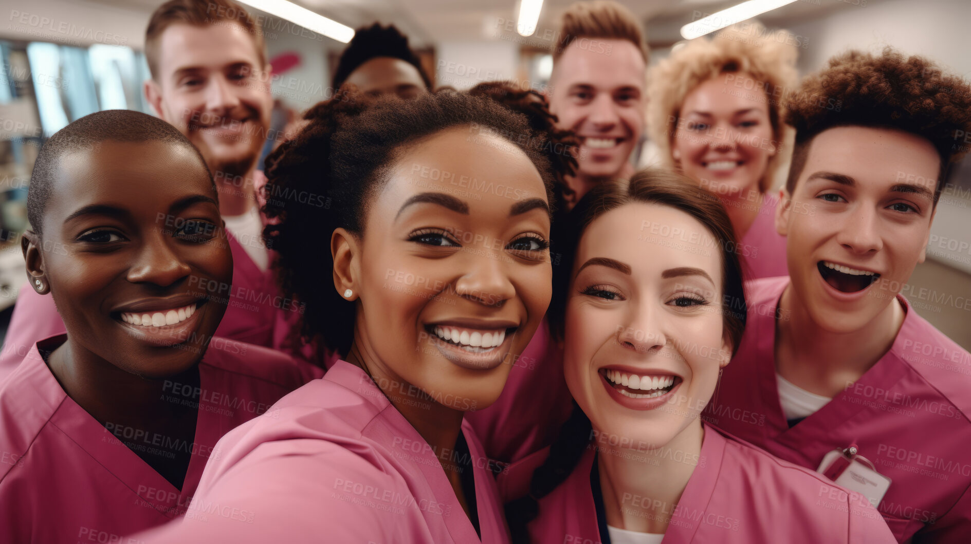 Buy stock photo Group of medical student nurses in training at college, diverse doctor colleagues.