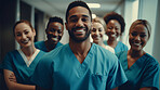 Group of medical student nurses in training at college, diverse doctor colleagues.