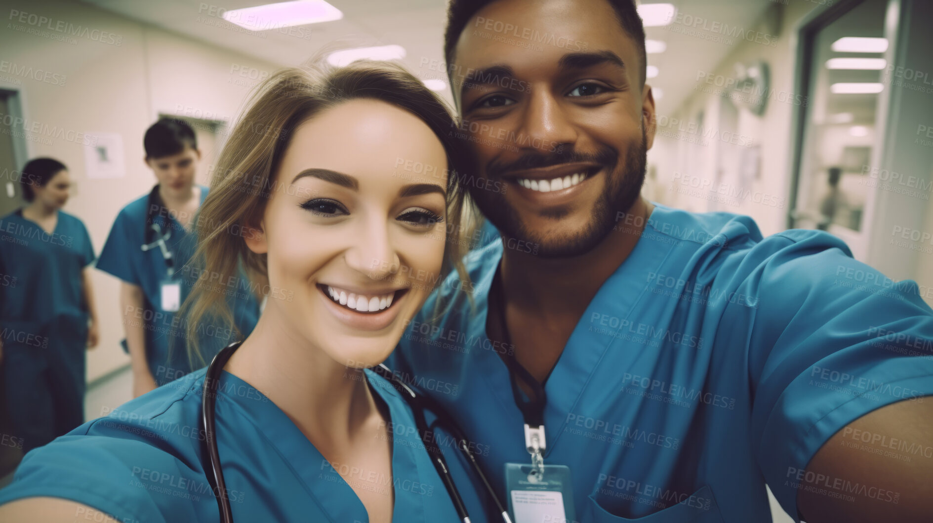 Buy stock photo Selfie of medical student nurses in training at college, diverse doctor colleagues.