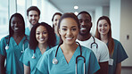 Group of medical student nurses in training at college, diverse doctor colleagues.