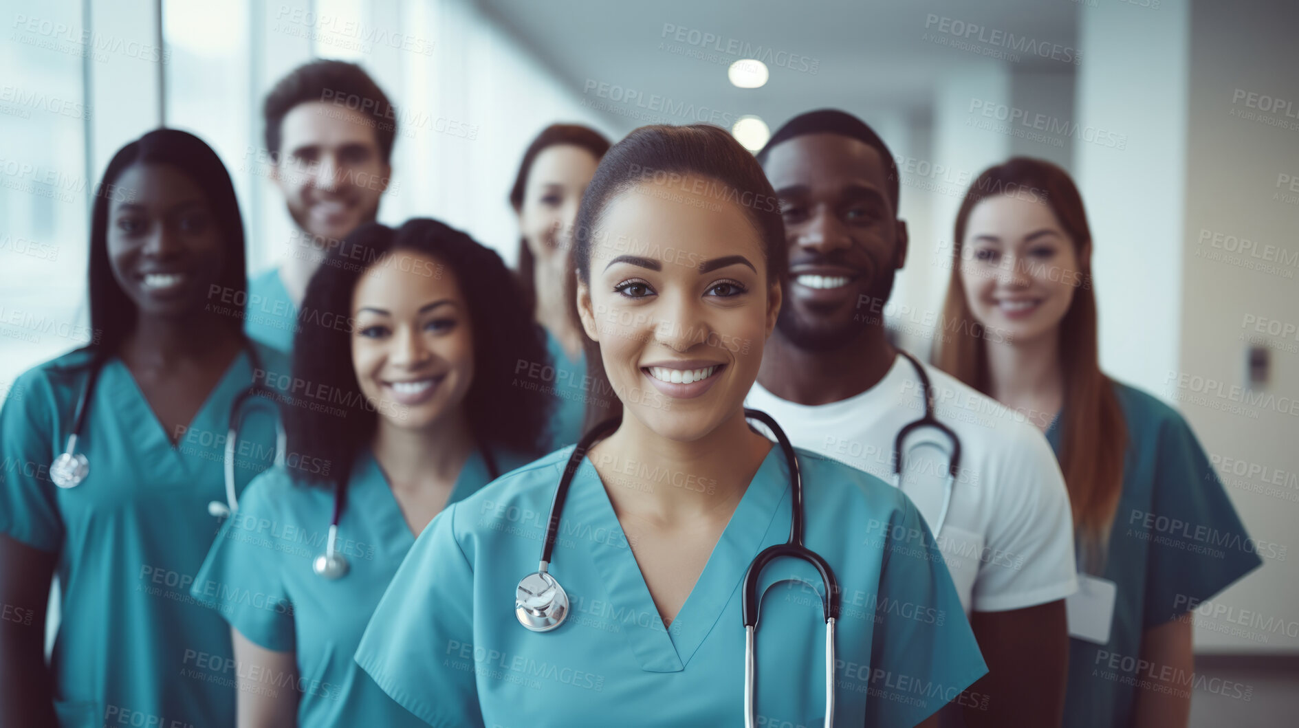 Buy stock photo Group of medical student nurses in training at college, diverse doctor colleagues.