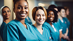 Group of medical student nurses in training at college, diverse doctor colleagues.