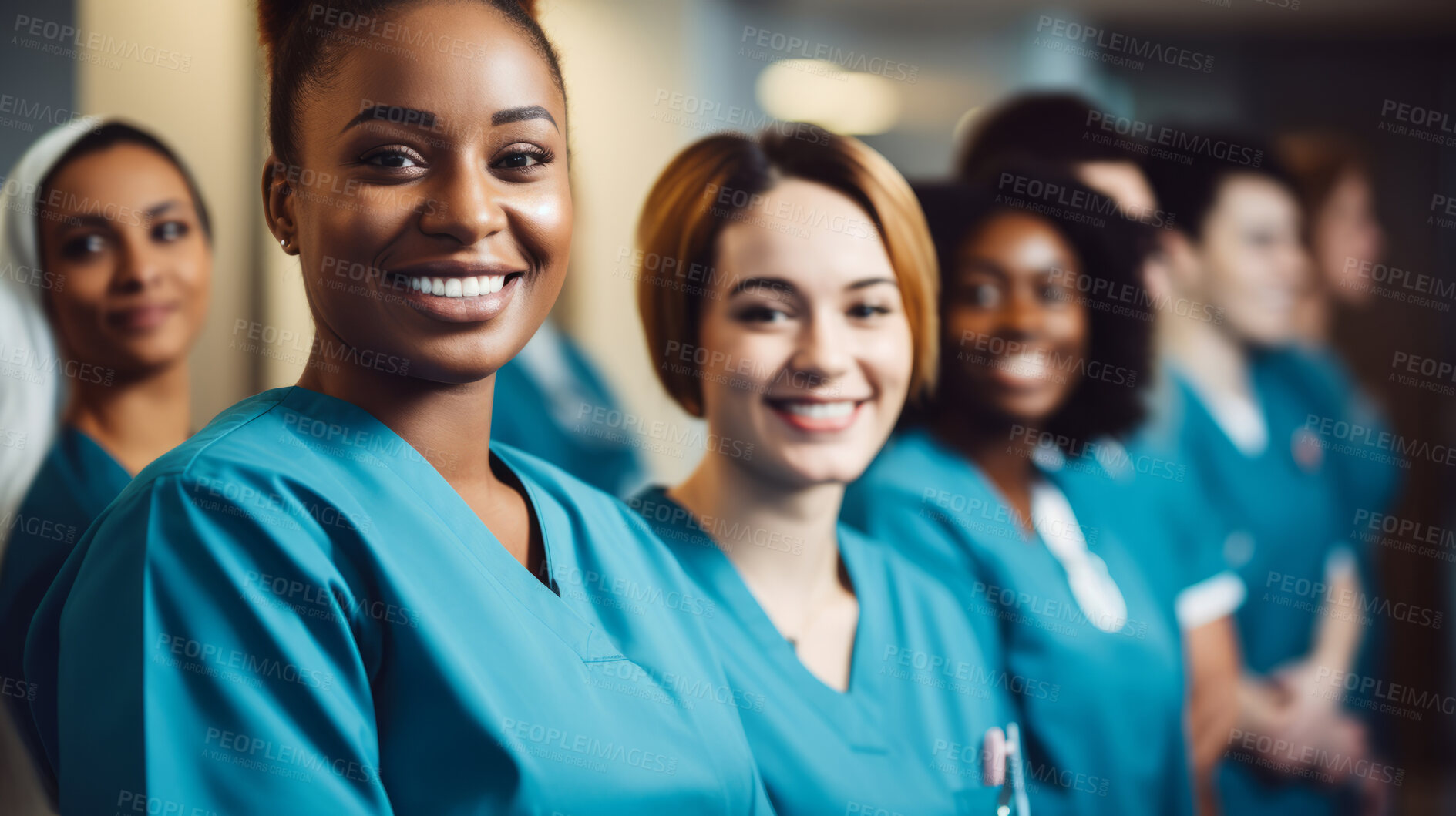 Buy stock photo Group of medical student nurses in training at college, diverse doctor colleagues.