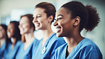 Group of medical student nurses in training at college, diverse doctor colleagues.