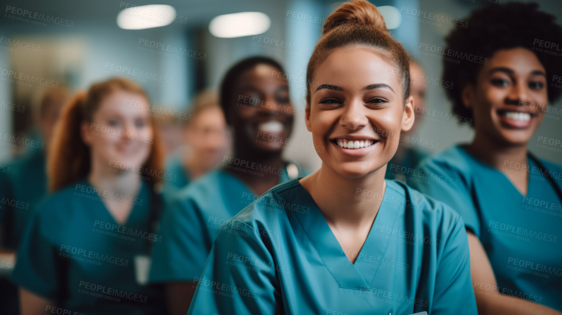 Buy stock photo Group of medical student nurses in training at college, diverse doctor colleagues.