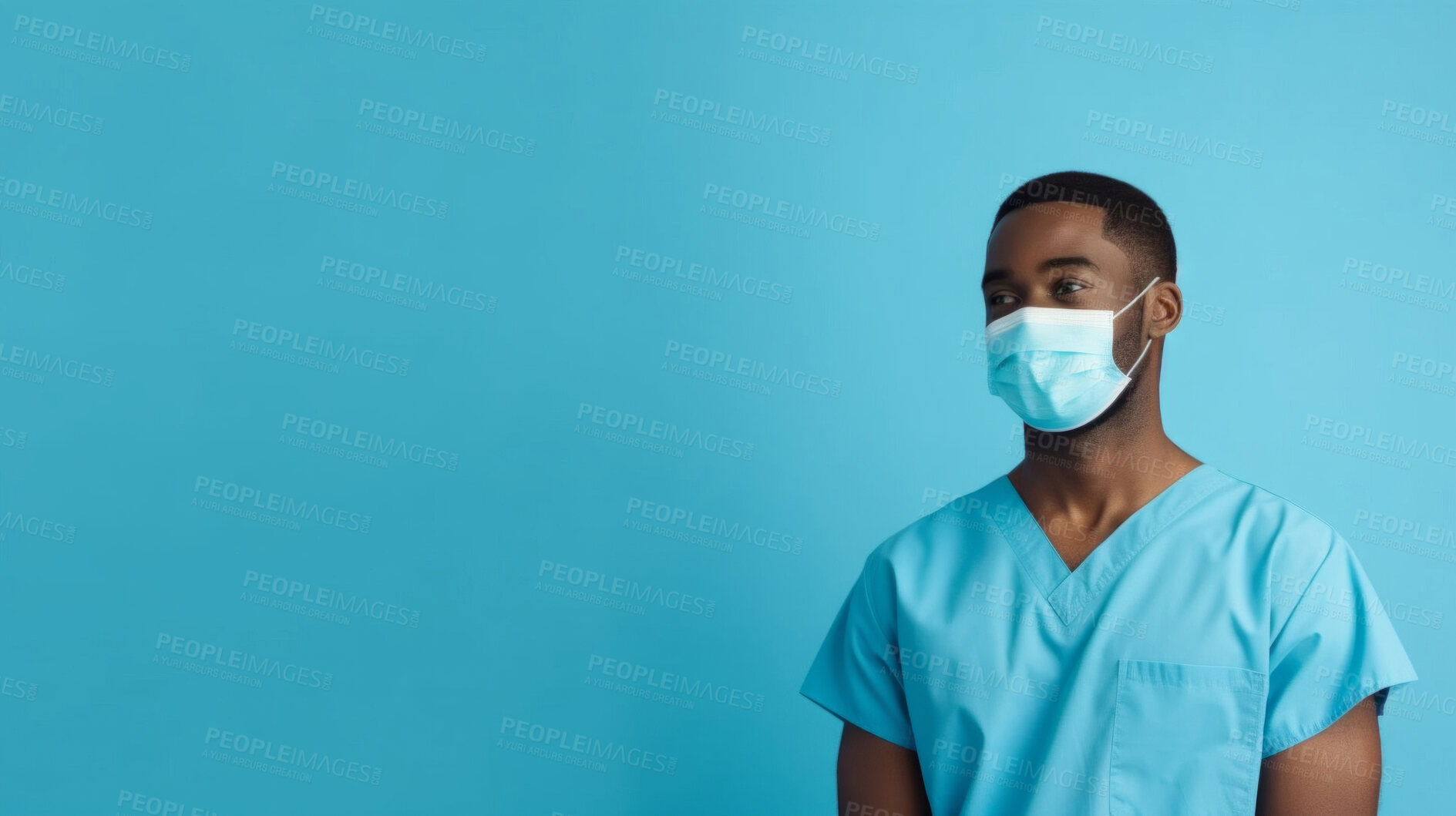 Buy stock photo Friendly medical doctor or nurse in blue uniform scrubs on copyspace background.