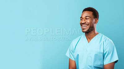 Buy stock photo Friendly medical doctor or nurse in blue uniform scrubs on copyspace background.