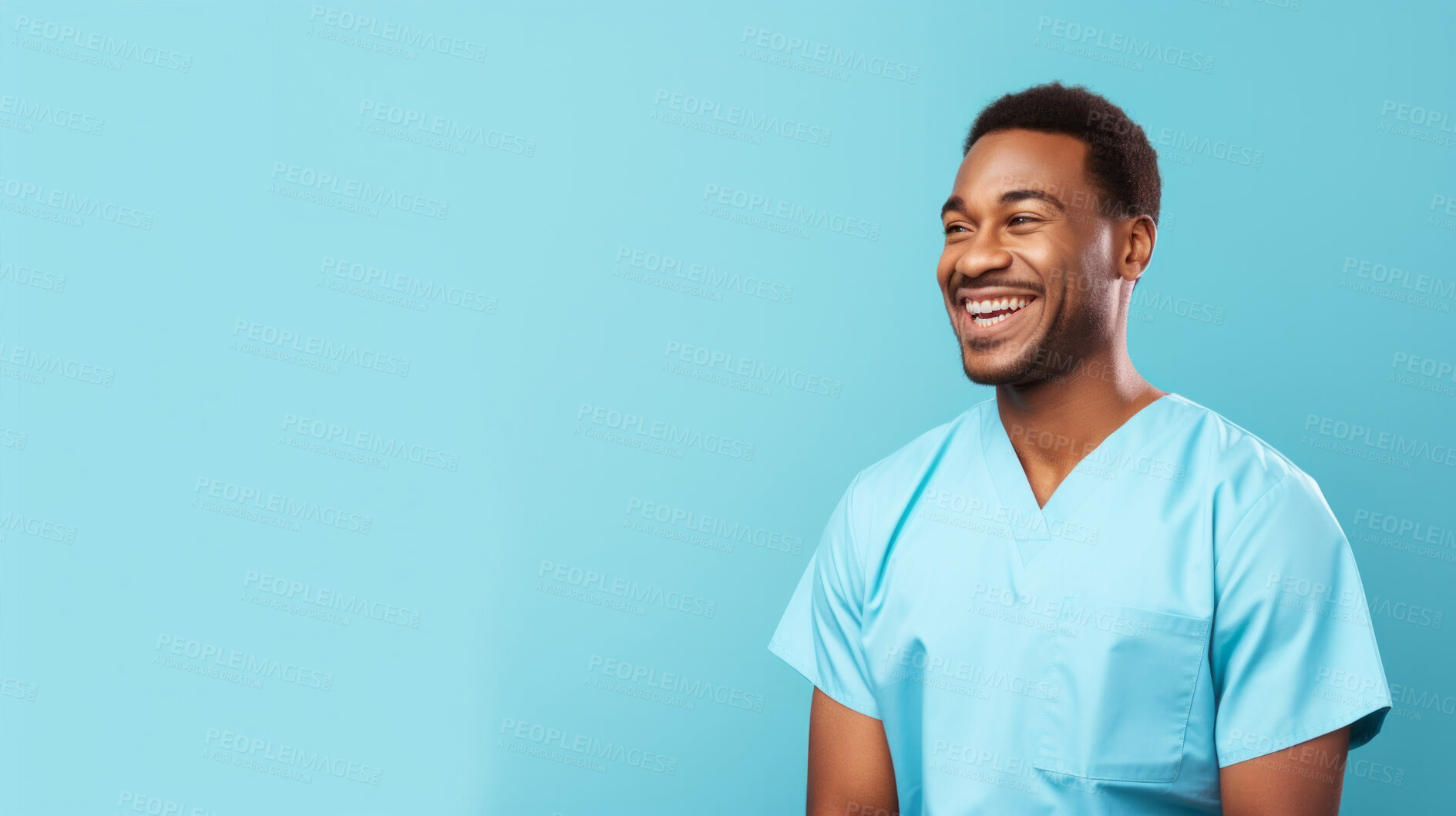 Buy stock photo Friendly medical doctor or nurse in blue uniform scrubs on copyspace background.