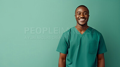 Buy stock photo Friendly medical doctor or nurse in green uniform scrubs on copyspace background.