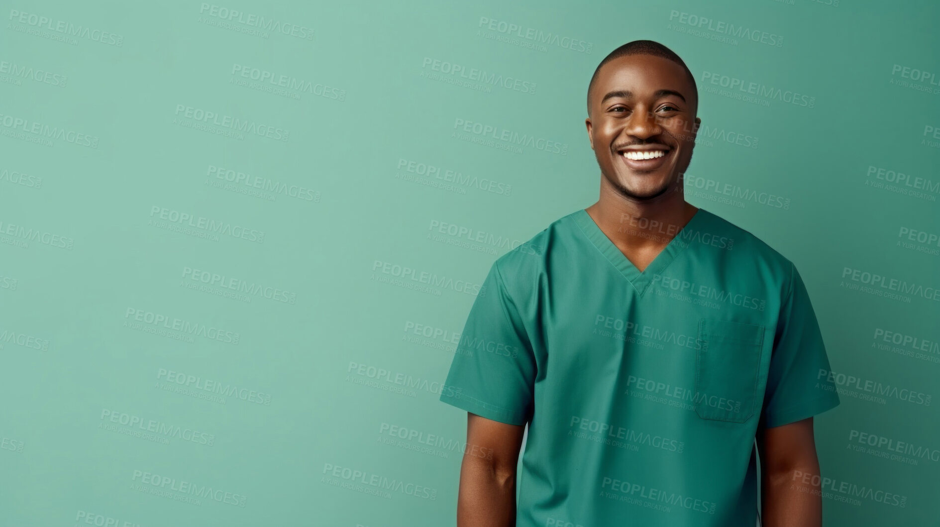 Buy stock photo Friendly medical doctor or nurse in green uniform scrubs on copyspace background.