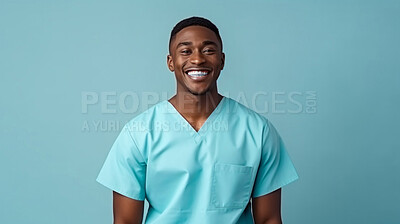 Buy stock photo Friendly medical doctor or nurse in blue uniform scrubs on copyspace background.