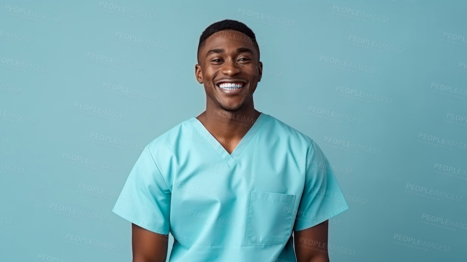 Buy stock photo Friendly medical doctor or nurse in blue uniform scrubs on copyspace background.