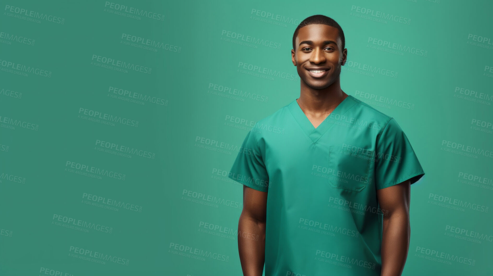 Buy stock photo Friendly medical doctor or nurse in green uniform scrubs on copyspace background.