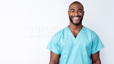 Buy stock photo Friendly medical doctor or nurse in blue uniform scrubs on copyspace background.