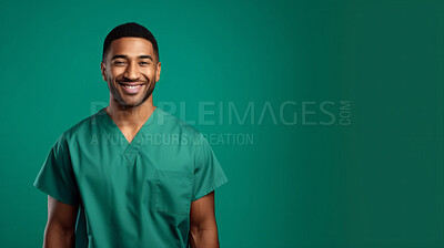 Buy stock photo Friendly medical doctor or nurse in green uniform scrubs on copyspace background.