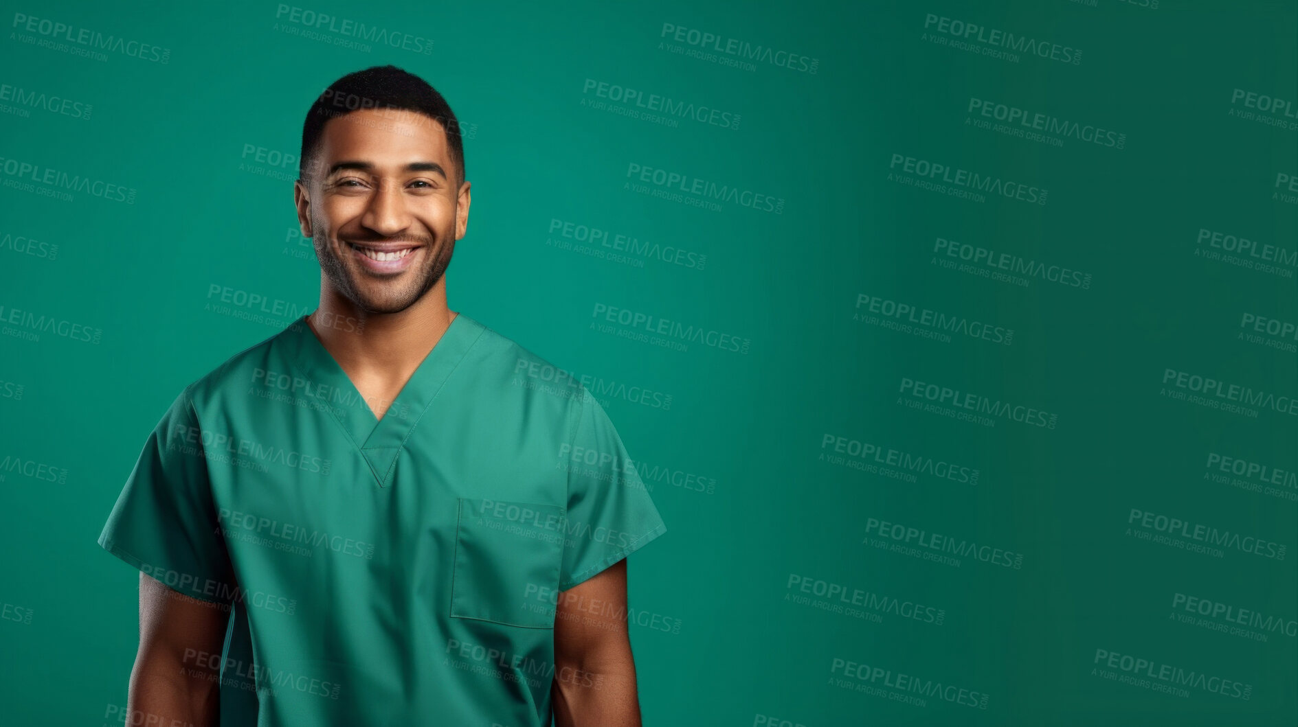 Buy stock photo Friendly medical doctor or nurse in green uniform scrubs on copyspace background.