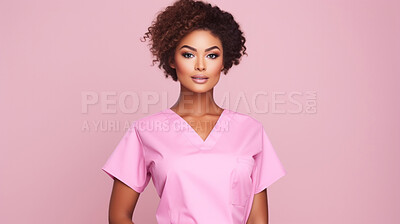 Buy stock photo Friendly medical doctor or nurse in pink uniform scrubs on copyspace background.