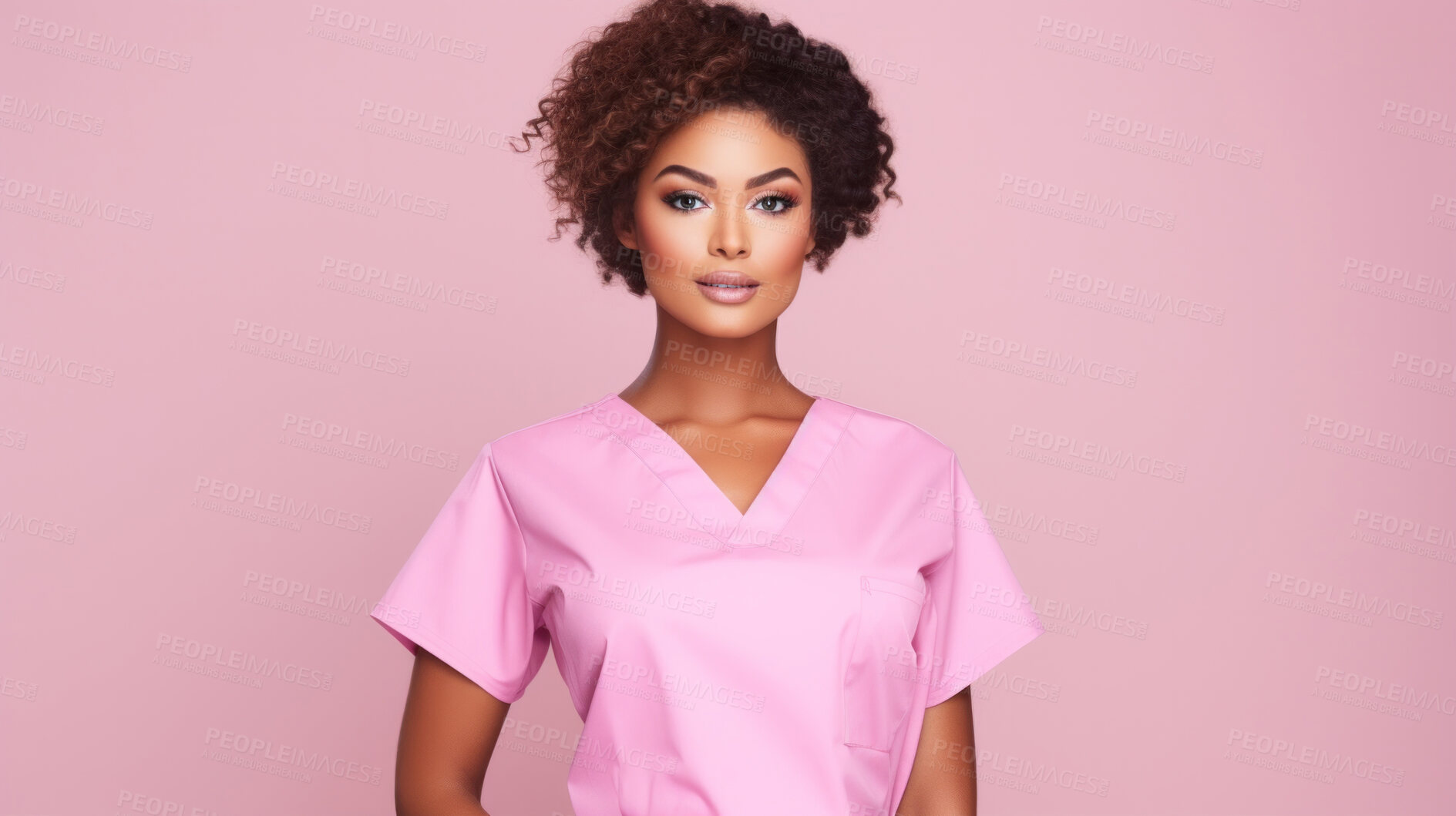 Buy stock photo Friendly medical doctor or nurse in pink uniform scrubs on copyspace background.