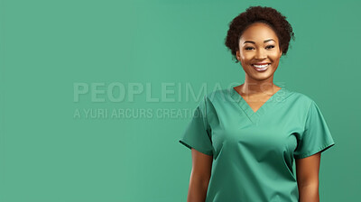 Buy stock photo Friendly medical doctor or nurse in green uniform scrubs on copyspace background.