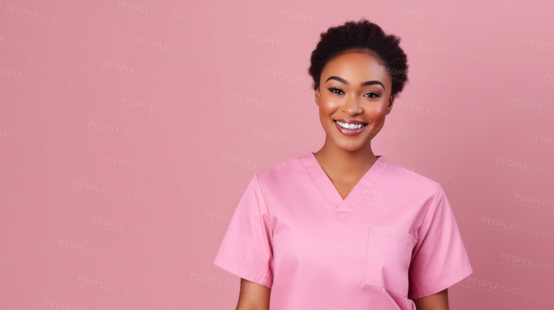 Buy stock photo Friendly medical doctor or nurse in pink uniform scrubs on copyspace background.