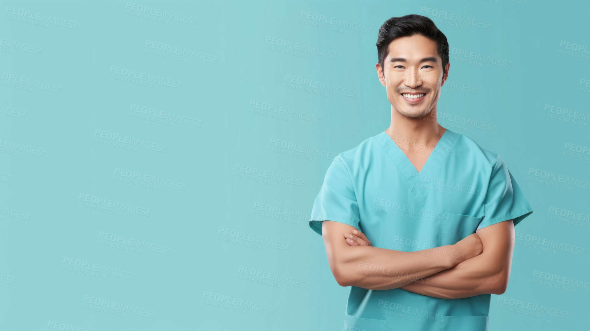 Buy stock photo Friendly medical doctor or nurse in blue uniform scrubs on copyspace background.