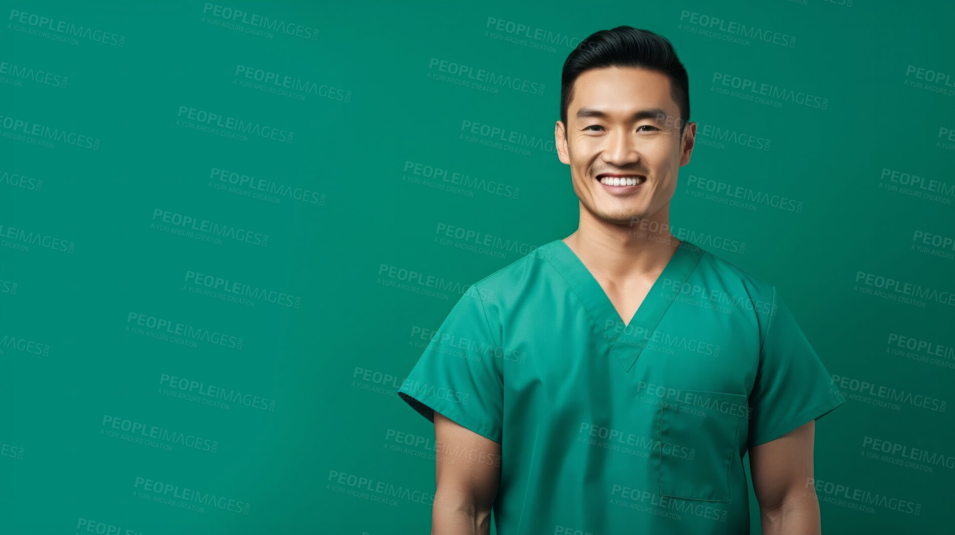 Buy stock photo Friendly medical doctor or nurse in green uniform scrubs on copyspace background.