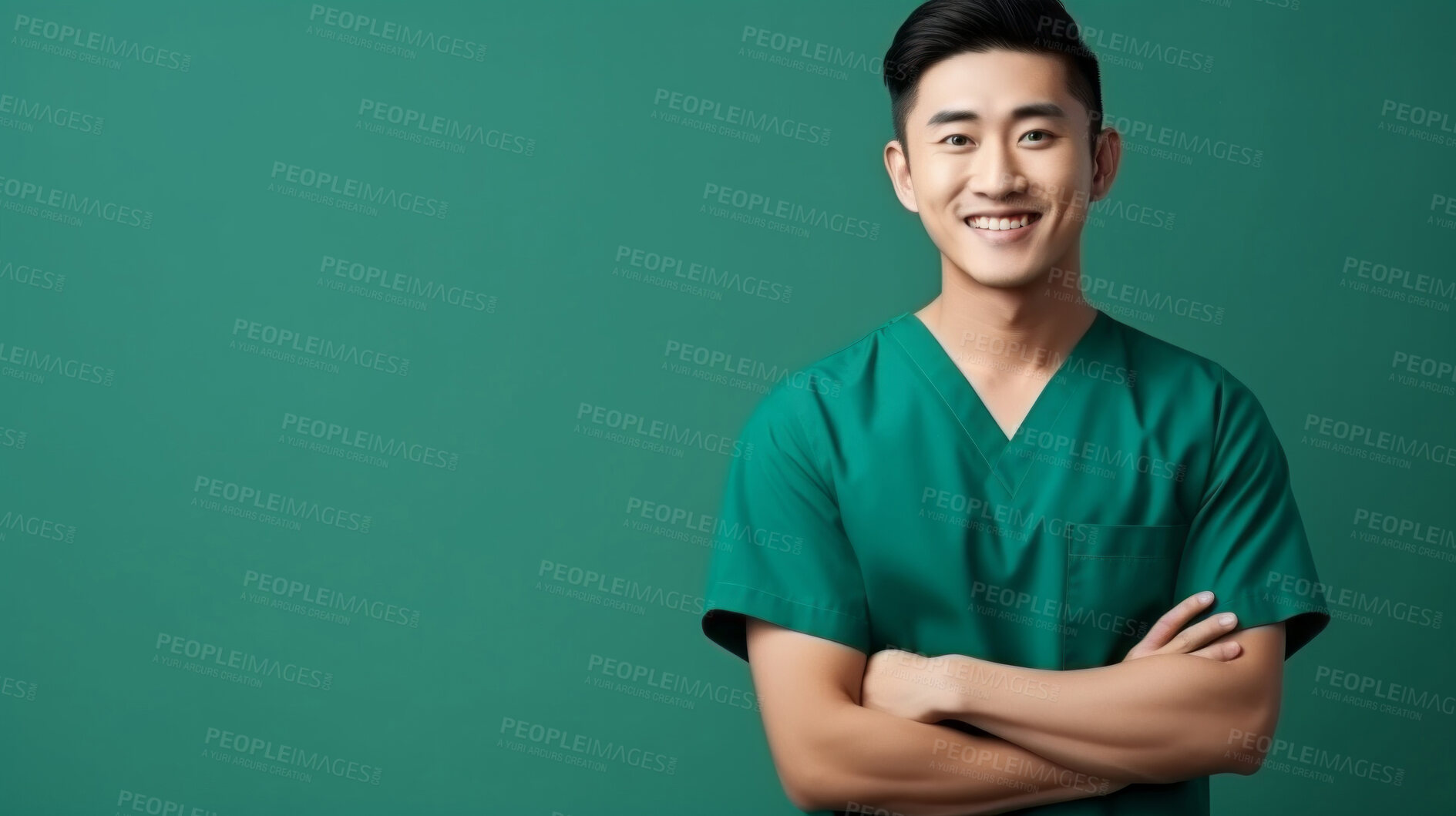 Buy stock photo Friendly medical doctor or nurse in green uniform scrubs on copyspace background.