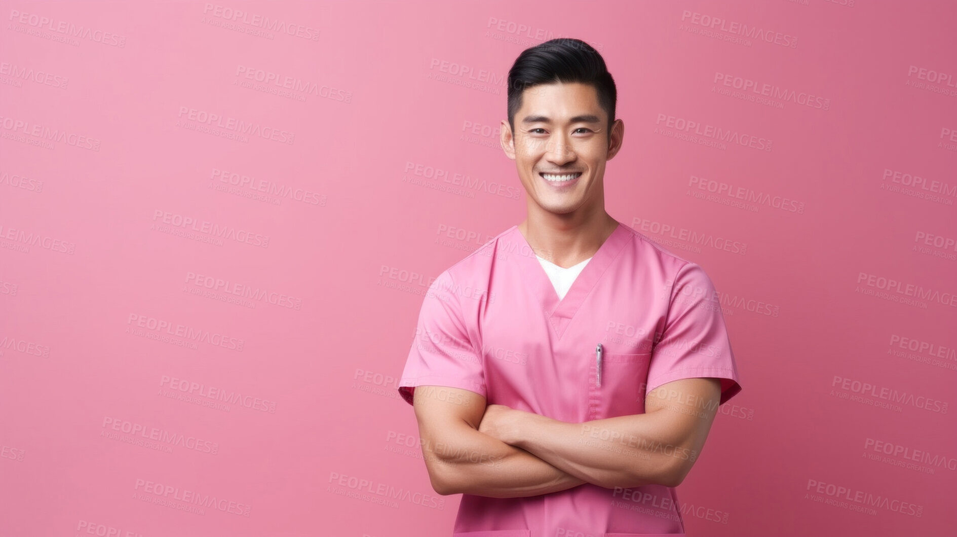 Buy stock photo Friendly medical doctor or nurse in pink uniform scrubs on copyspace background.