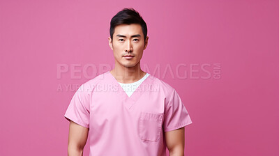 Buy stock photo Friendly medical doctor or nurse in pink uniform scrubs on copyspace background.