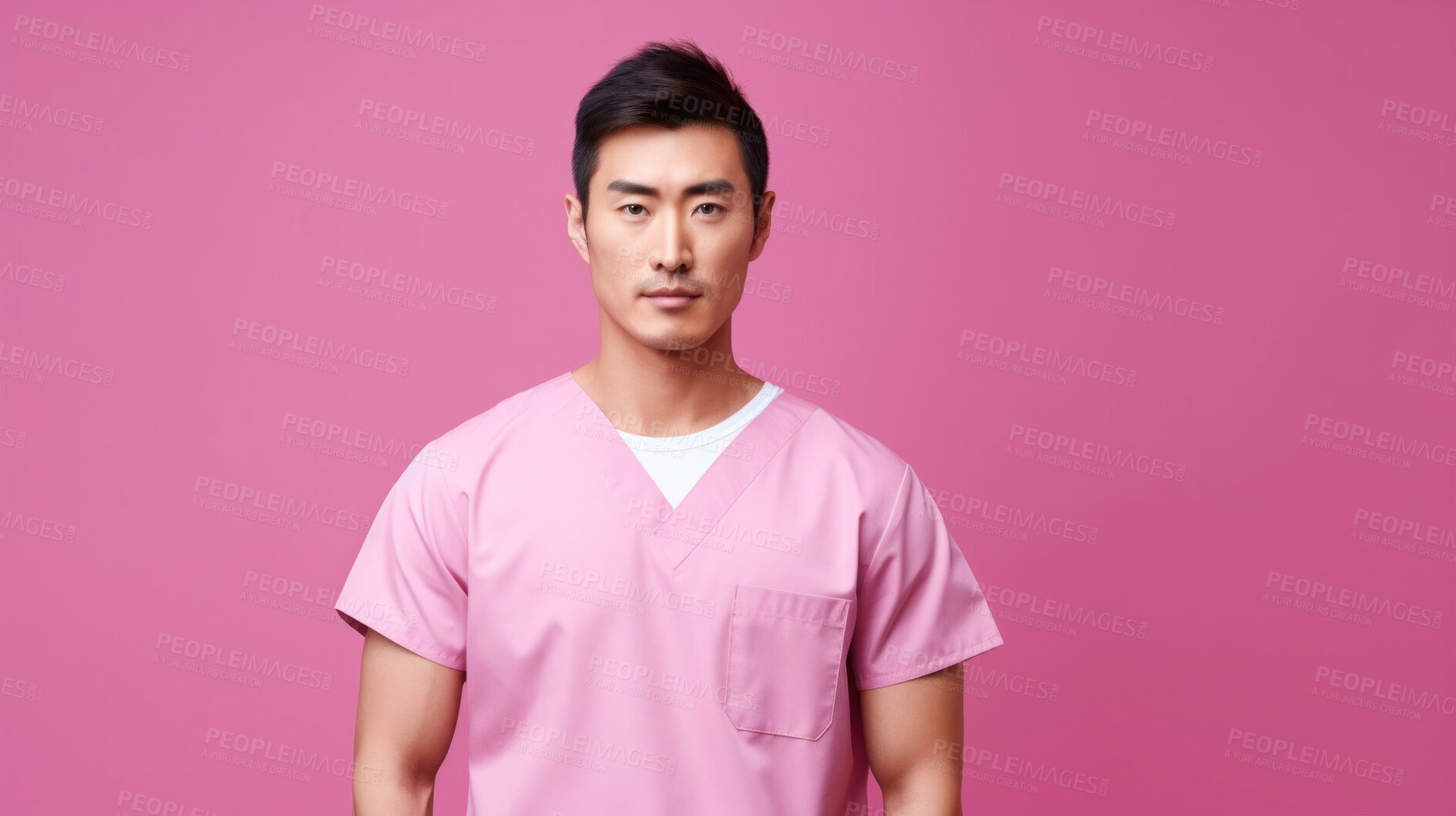 Buy stock photo Friendly medical doctor or nurse in pink uniform scrubs on copyspace background.