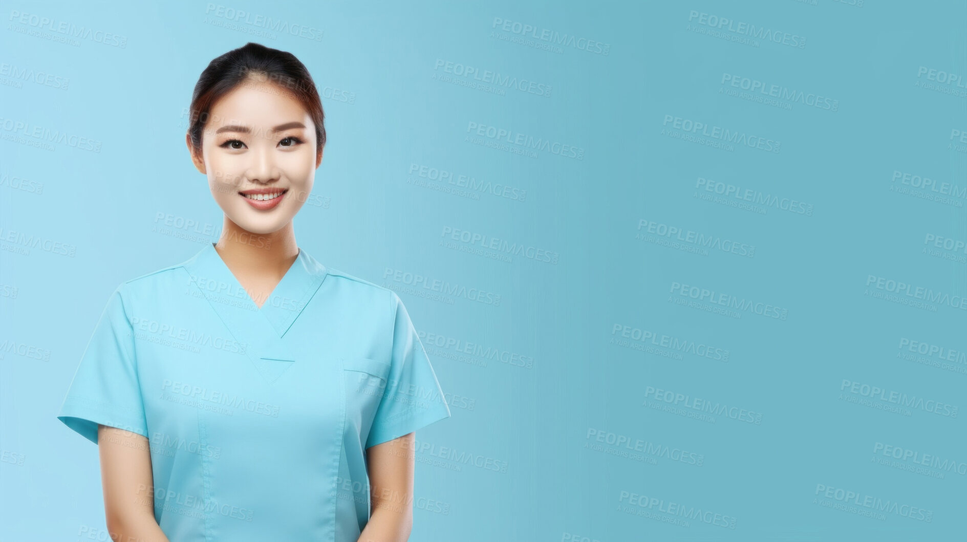 Buy stock photo Friendly medical doctor or nurse in blue uniform scrubs on copyspace background.