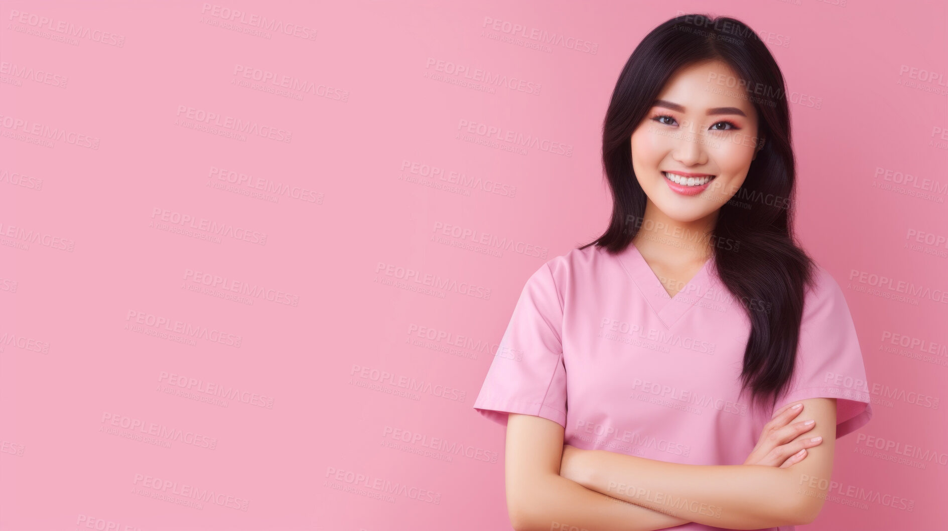 Buy stock photo Friendly medical doctor or nurse in pink uniform scrubs on copyspace background.