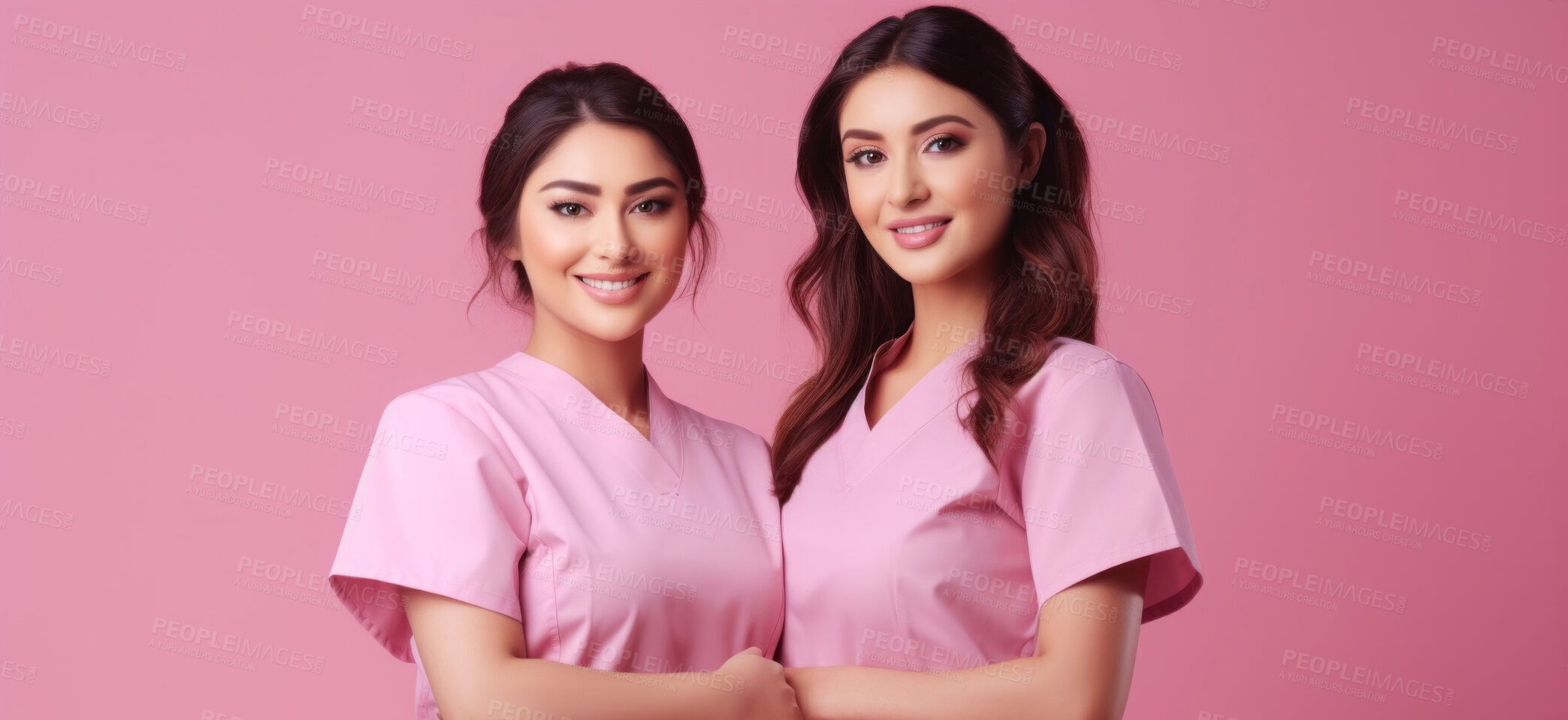 Buy stock photo Friendly medical doctors or nurses in pink uniform scrubs on copyspace background.