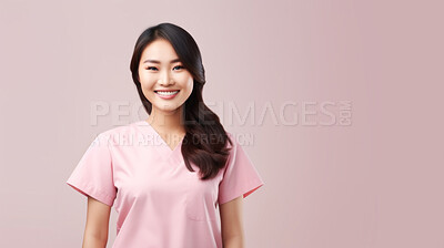 Buy stock photo Friendly medical doctor or nurse in pink uniform scrubs on copyspace background.