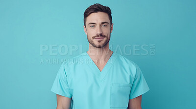 Buy stock photo Friendly medical doctor or nurse in blue uniform scrubs on copyspace background.