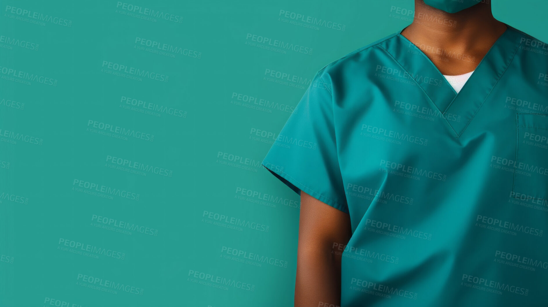 Buy stock photo Friendly medical doctor or nurse in green uniform scrubs on copyspace background.