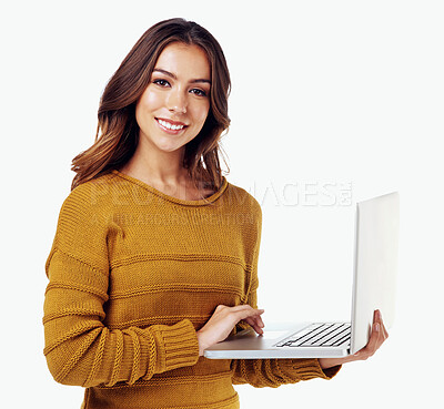Buy stock photo IT woman, studio portrait and laptop for software, communication or coding by white background. Isolated model, mobile computer and focus for cybersecurity, programming career and web connection