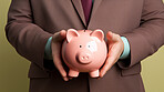 Hands holding a piggy bank. Savings, budget and money management concept