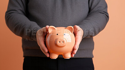 Hands holding a piggy bank. Savings, budget and money management concept