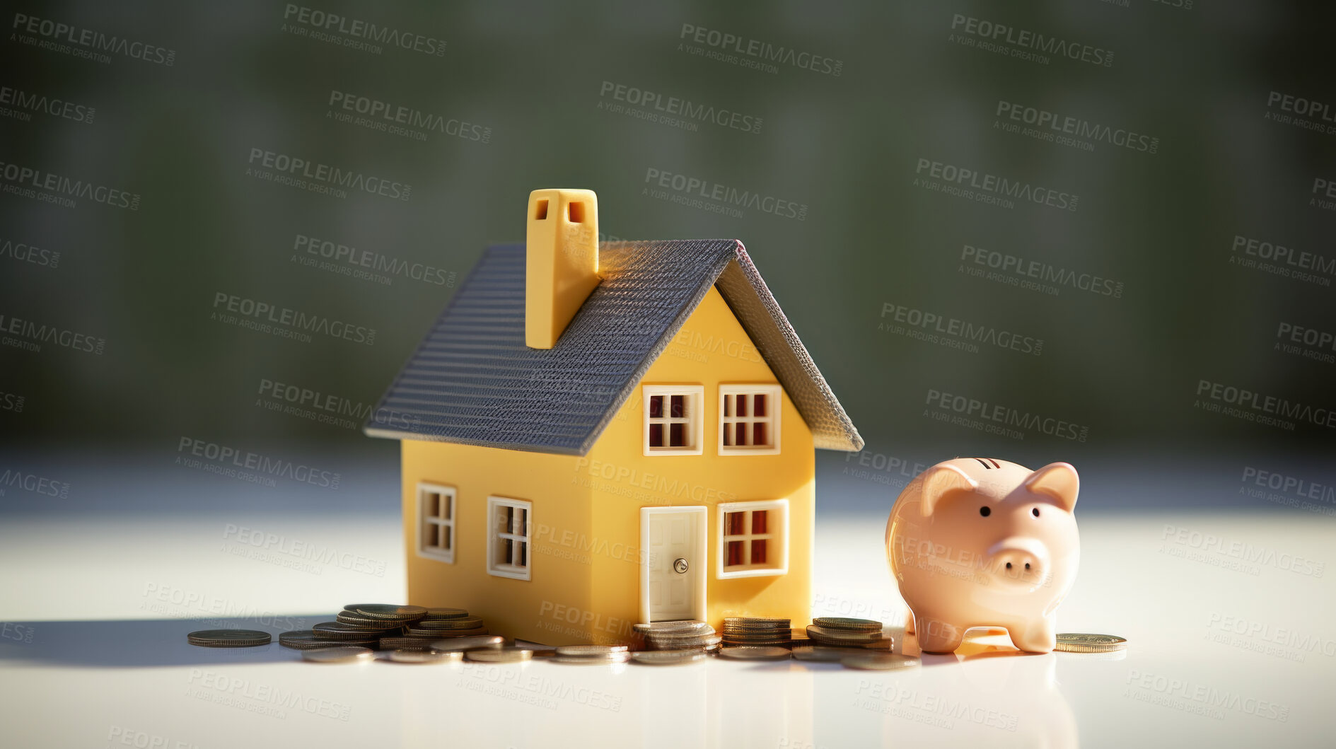 Buy stock photo Piggy bank and a house. Saving money for buying house, financial plan home loan