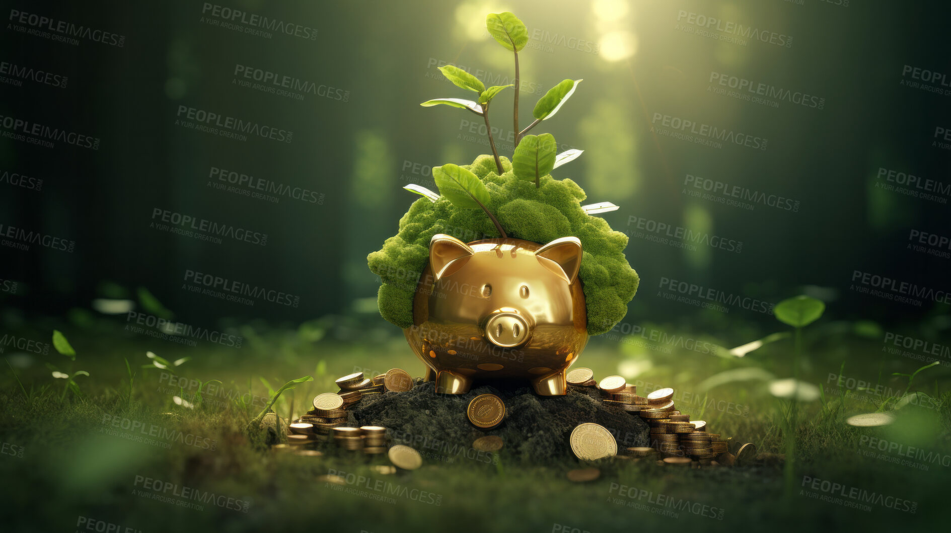 Buy stock photo Growing savings. Interest earning and investment growth with green plant and coins