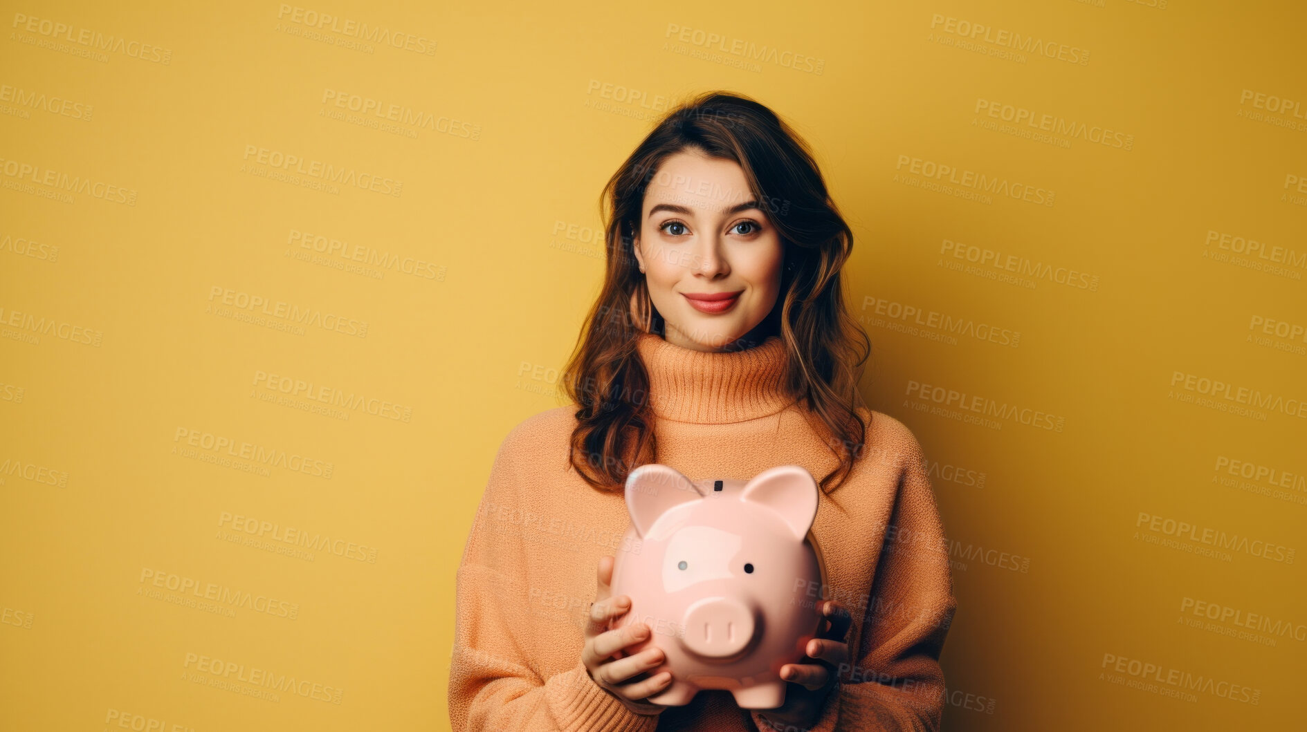 Buy stock photo Young woman holding a piggy bank. Savings, budget and money management concept