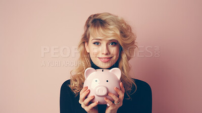 Young woman holding a piggy bank. Savings, budget and money management concept