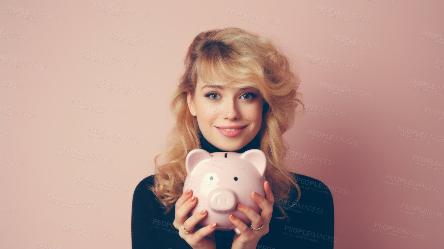 Buy stock photo Young woman holding a piggy bank. Savings, budget and money management concept