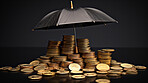 Coins protected by umbrella. Money saving, insurance, investment protection concept